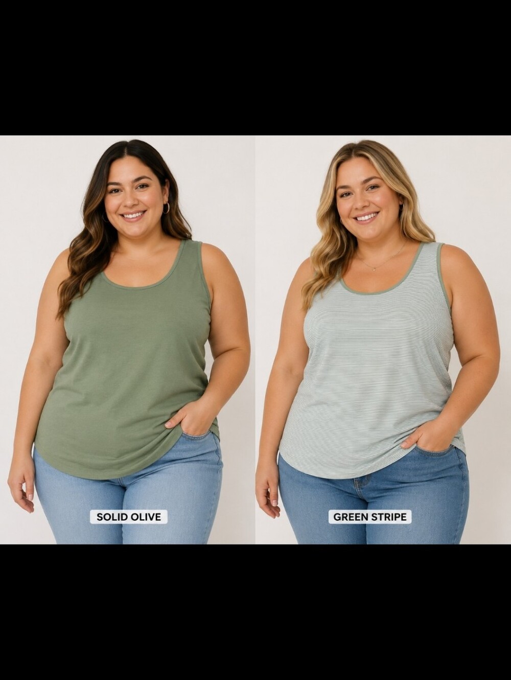 NWOT ISAAC MIZRAHI Womens 2X Striped & Solid Set Of 2 Green Tank Tops A215537